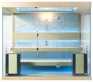 Indoor Sauna Helsinki Stark Wellness Glasfront mit Beleuchtung